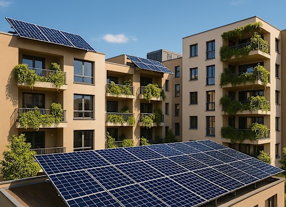 A building with solar panels on the roof and plants on the balconies.