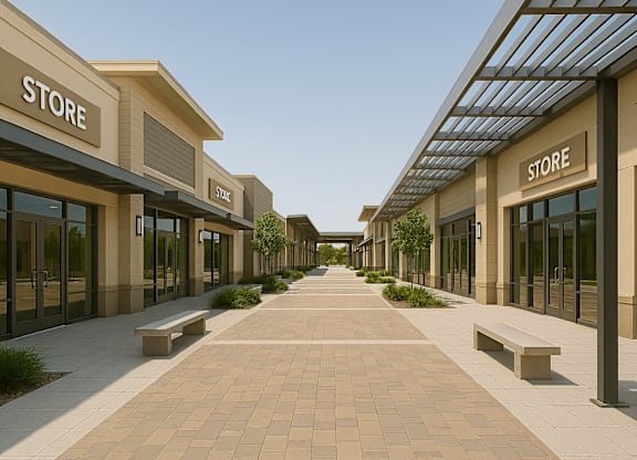 A long walkway between two store fronts.