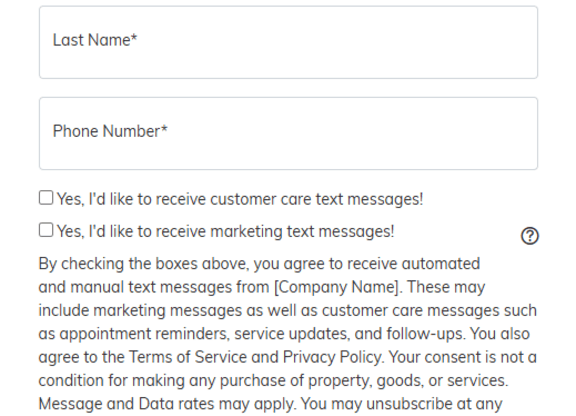 A form asking for personal information and consent for text messages.