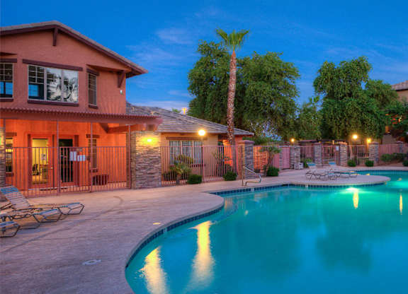Pool View at Night at San Clemente Apartments, Gilbert, 85297