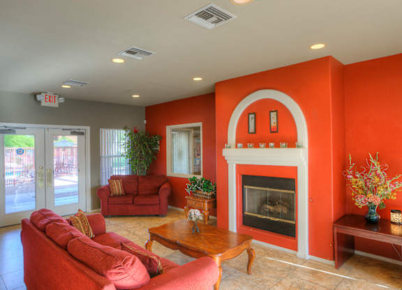 Living Room with Fireplace at San Bellino Apartments, Arizona