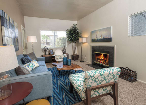Living Room Furniture & Fireplace at Autumn Oaks Apartments, Roseville, California