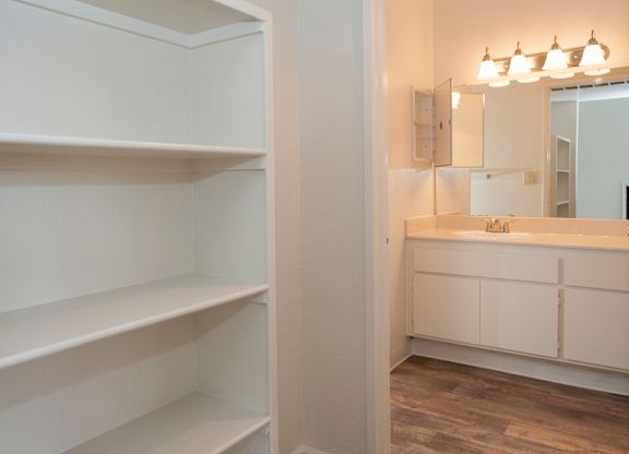 Vacant studio bathroom and storage at Autumn Oaks Apartments, Roseville, CA