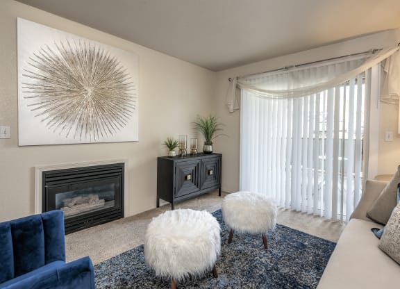 Model Living Room Fireplace at Autumn Oaks Apartments, California, 95678