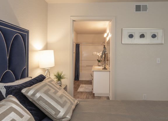 Phase 2 Model Primary Bedroom and Bathroom at Autumn Oaks Apartments, Roseville, CA, 95678
