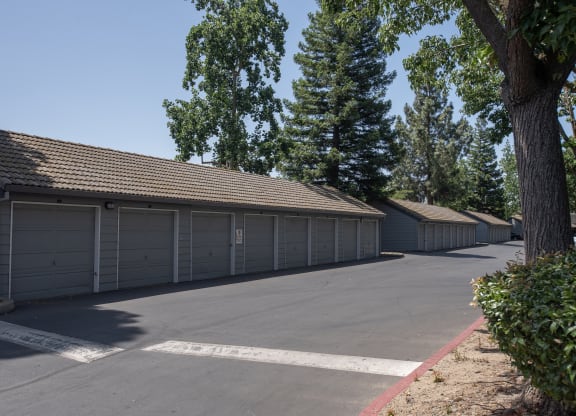 Bishops Court garages and parking lot at Bishop's Court Apartments, California