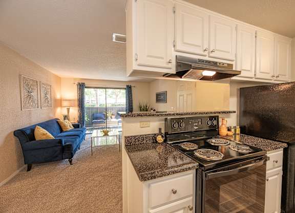 A kitchen with black appliances and a blue couch in the living room at Bishop's Court Apartments, California, 95670