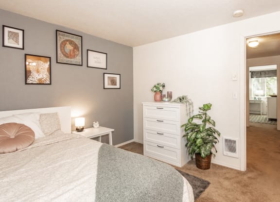  model primary bedroom and hall view  at Clackamas Trails Apartments, OR 97222