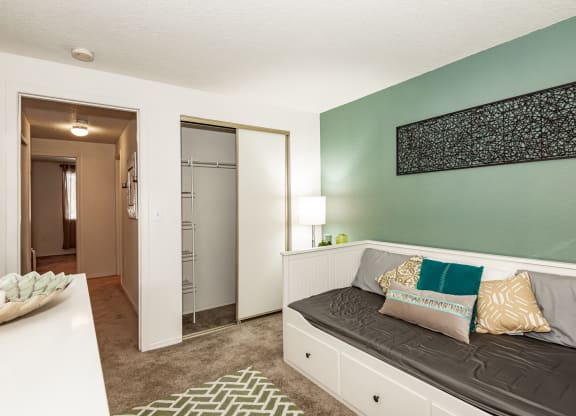 model second bedroom and hall view  at Clackamas Trails Apartments, OR 97222