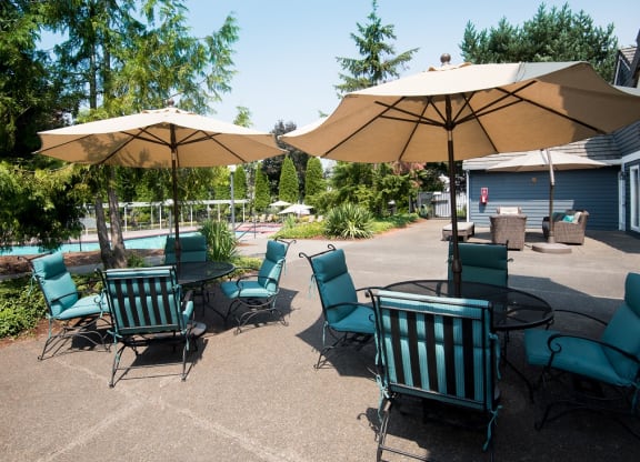 Pool Furniture & Sun Umbrellas at Clackamas Trails Apartments, Oregon, 97222