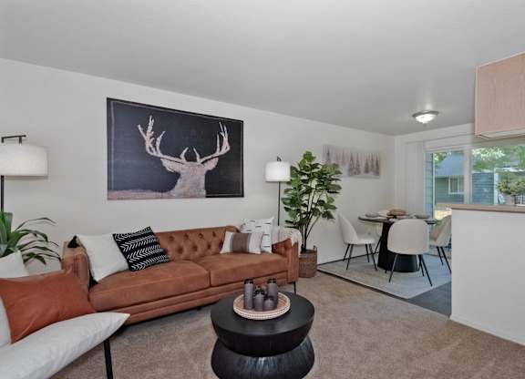 Model dining room and living room at Crown Court Apartments, Clackamas, OR97015