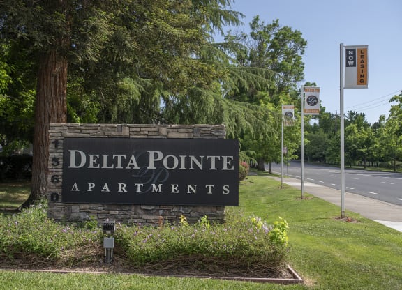 monument sign and street flags at Delta Pointe Apartments, Sacramento, CA