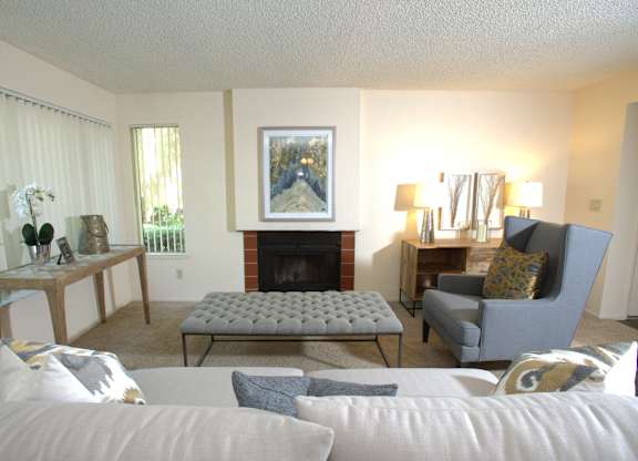 Delta Pointe model living room and fireplace