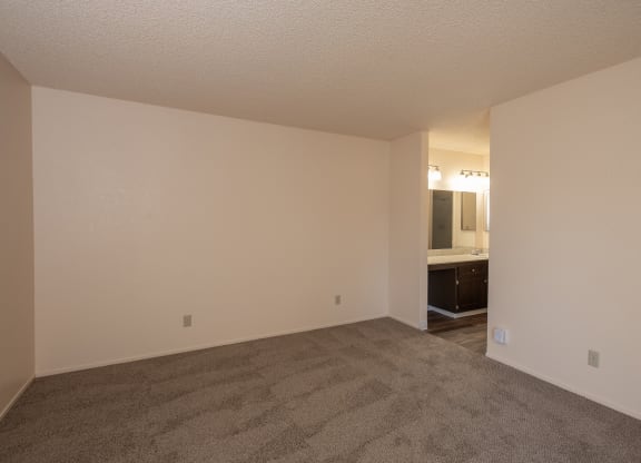 vacant primary bedroom and bathroom at Delta Pointe Apartments, CA 95833