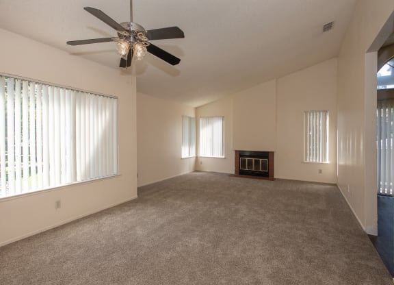 vacant living room fireplace at Delta Pointe Apartments, Sacramento