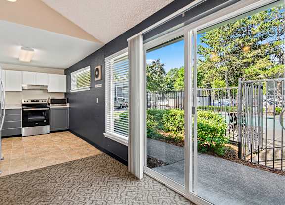 Hunt Club clubhouse kitchen and sliding glass door to patio