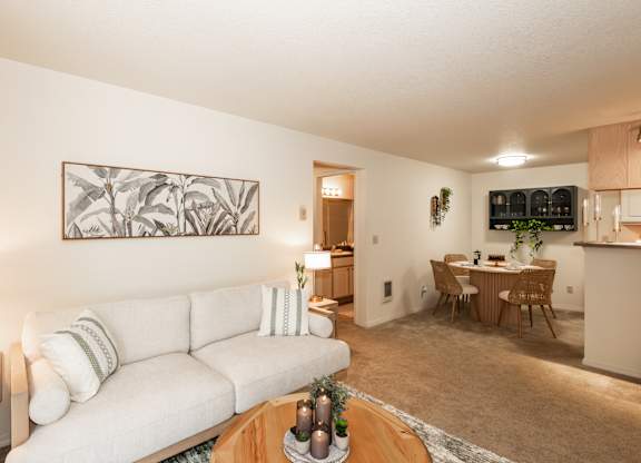 Model living room and dining room at King's Court Apartments, Beaverton, 97006