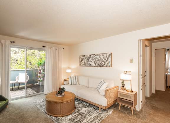 Model living room and hallway at King's Court Apartments, Beaverton OR