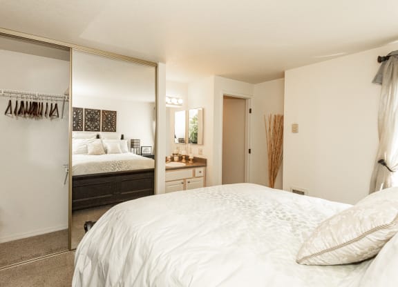 Kings Court Beaverton OR model primary bedroom and vanity