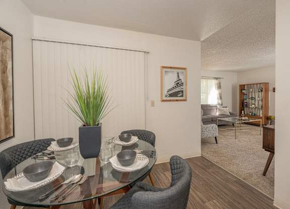 Model 1x1 dining room and living room at River Pointe, Sacramento, California