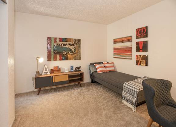 Model 2x2 second bedroom at River Pointe, Sacramento, California