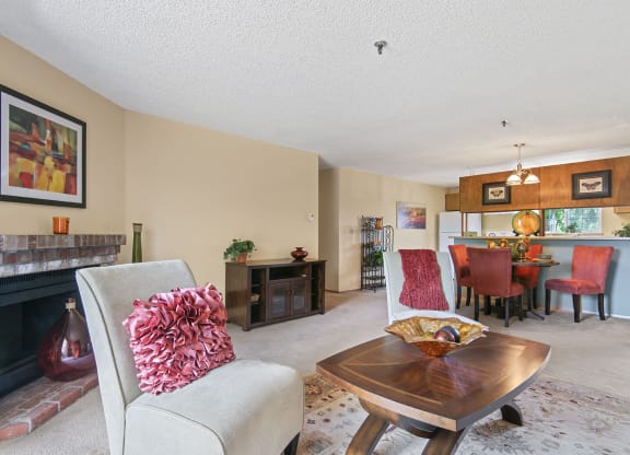 Riverwood model living room fireplace and furniture
