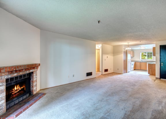 Living Room Fireplace at Riverwood Apartments, Washington, 98032