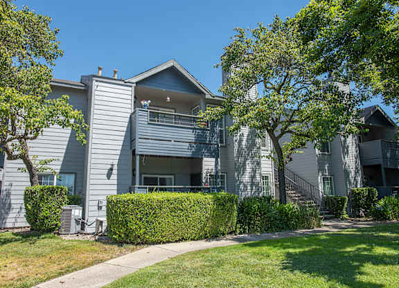 A grey apartment building with a tree in front at Rocklin Gold Apartments, California, 95677