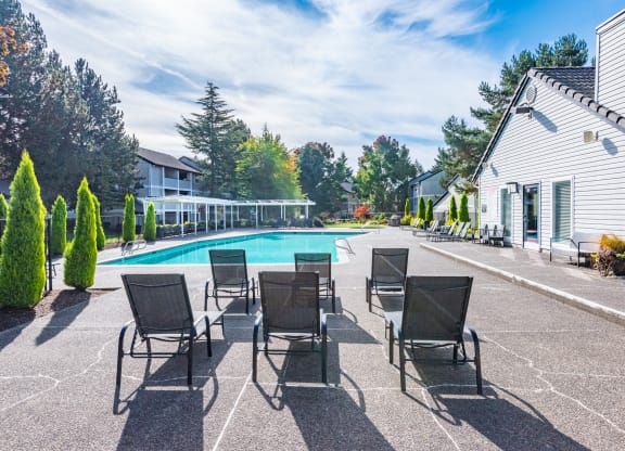 Sir Charles Court pool deck and lounge chairs, Beaverton, OR, 97006