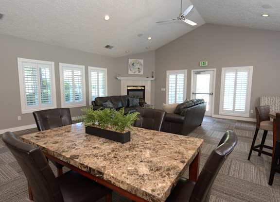 Stanford Heights clubhouse fireplace and seating