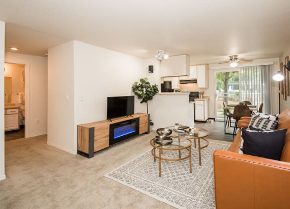 Model Living Room and Dining Room Side View at St. Mary's Woods Apartments, Oregon