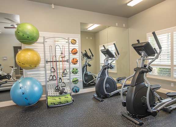 A gym with exercise equipment and fitness balls at Stoneridge Apartments, California, 95661