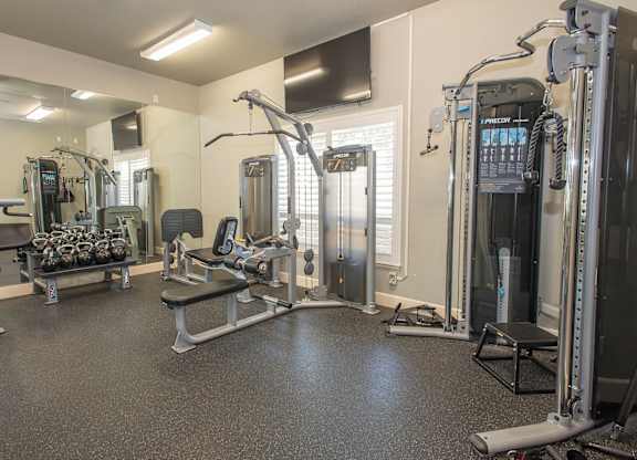 A gym with a variety of equipment including a squat rack, a bench, and a barbell at Stoneridge Apartments, California, 95661