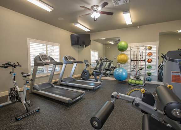 A gym with treadmills, elliptical machines, and exercise balls.