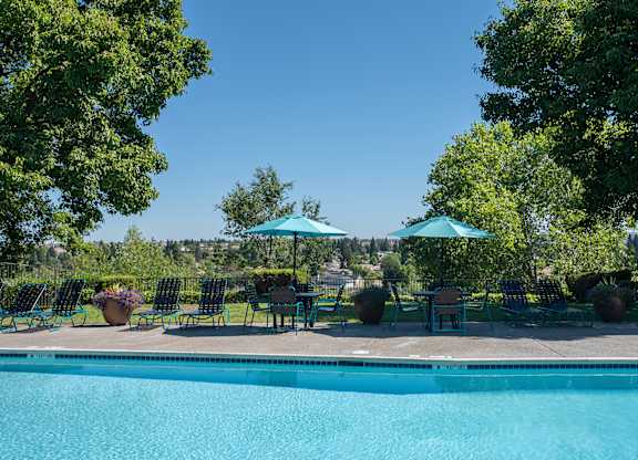 A pool surrounded by trees and chairs under umbrellas at Sunset Summit, Rocklin, CA, 95765