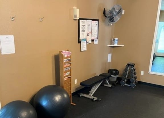 Sunstone Parc fitness center with exercise balls and free weights