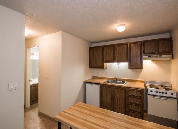 Vacant Studio Apartment Kitchen at Todd Village Apartments, Tualatin, OR