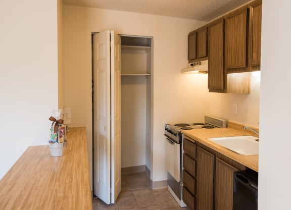 Vacant Studio Apartment Kitchen Storage at Todd Village Apartments, Tualatin, 97062