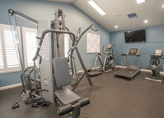 A gym with a variety of equipment including a treadmill, a stationary bike, a rowing machine, a leg press machine, a chest press machine, and a cable machine at Zinfandel Village Apartments, California, 95670