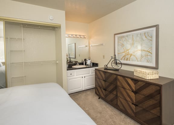 Model Upgraded Master Bedroom Vanity & Closet at Zinfandel Village Apartments, Rancho Cordova, California 95670