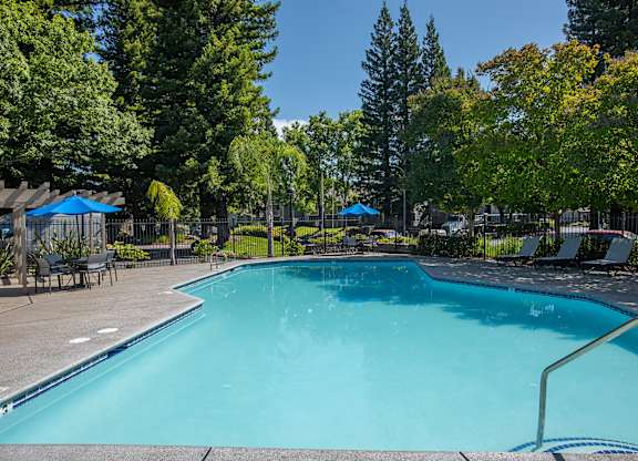 A large outdoor swimming pool surrounded by trees and lounge chairs at Zinfandel Village Apartments, California, 95670