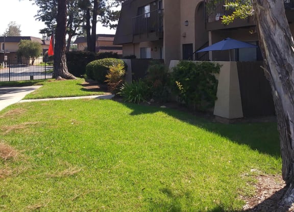 Private porches and stately pine trees at Teton Pines Apartments in Escondido, California.