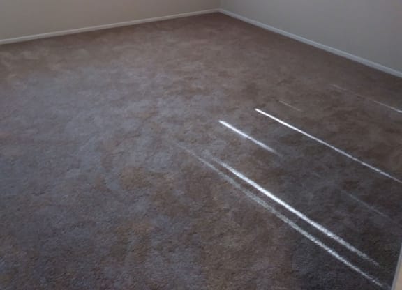 Carpeted bedroom with large window at Teton Pines Apartments in Escondido, California.