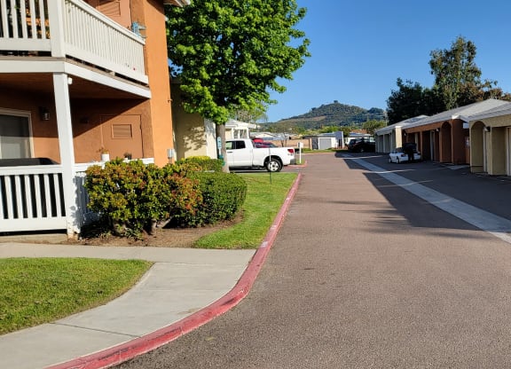 Garages and private porches and balconies at The Cove at Bear Valley in Escondido, California.