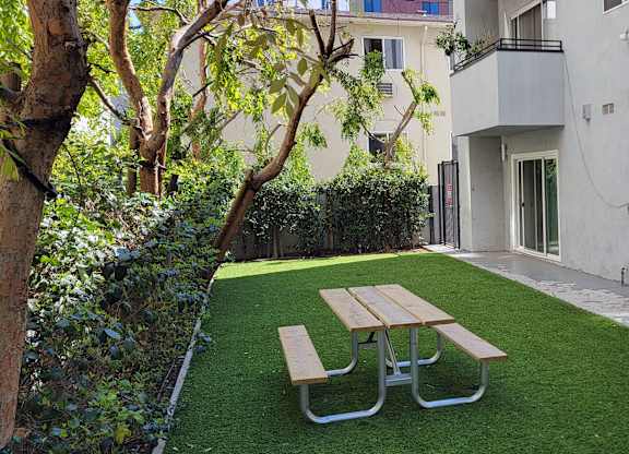 Peaceful garden area at the Carlton Apartments in Los Angeles, California.