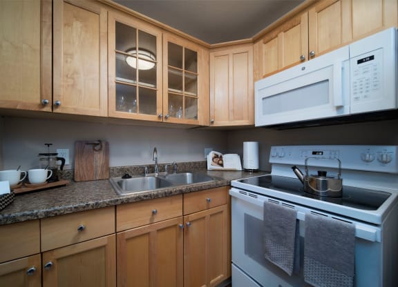 Beautiful kitchen cabinets and granite countertops at the Atrium Apartments in San Diego, California.