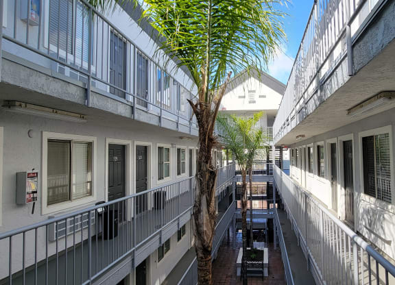 Gated inner atrium at the Atrium Apartments in San Diego, California.