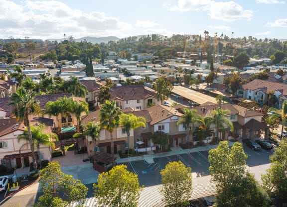 Arial view of parking and townhomes at The Nines Townhomes in Escondido, California.