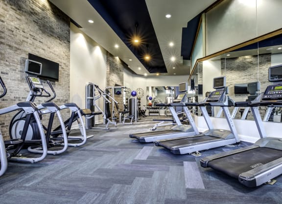 a gym with treadmills and elliptical machines