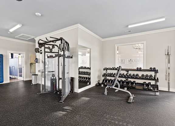 A gym with a variety of equipment including a treadmill, weights, and a bench press.